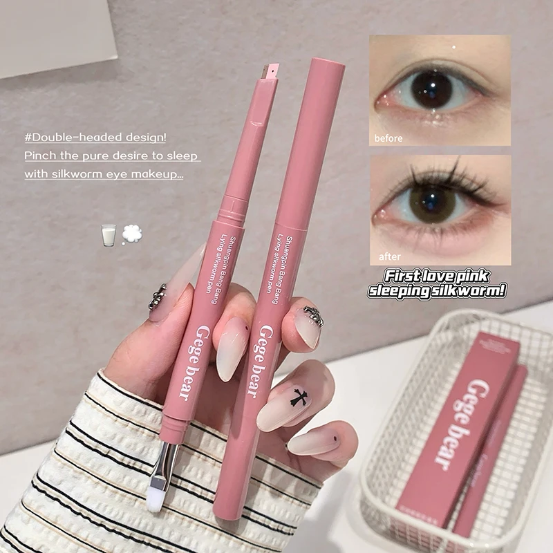 Matte Brightening Lying Silkworm Pen Pink Brown Two-color Highlighter Contour Shadow Pen With Detail Blending Brush Eye Makeup thumbnail 3