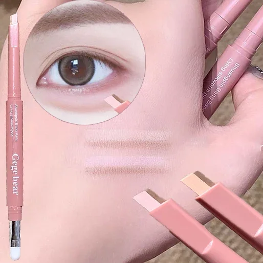 Matte Brightening Lying Silkworm Pen Pink Brown Two-color Highlighter Contour Shadow Pen With Detail Blending Brush Eye Makeup thumbnail 4
