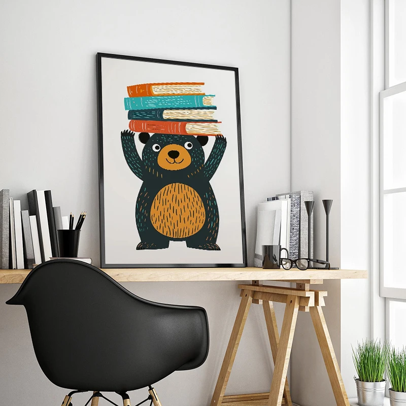 Cute Bunny Bear Cat Woman Reading Book Lover Poster Canvas Painting Print Wall Art for Kids  Nursery Decoration Cuadros thumbnail 3