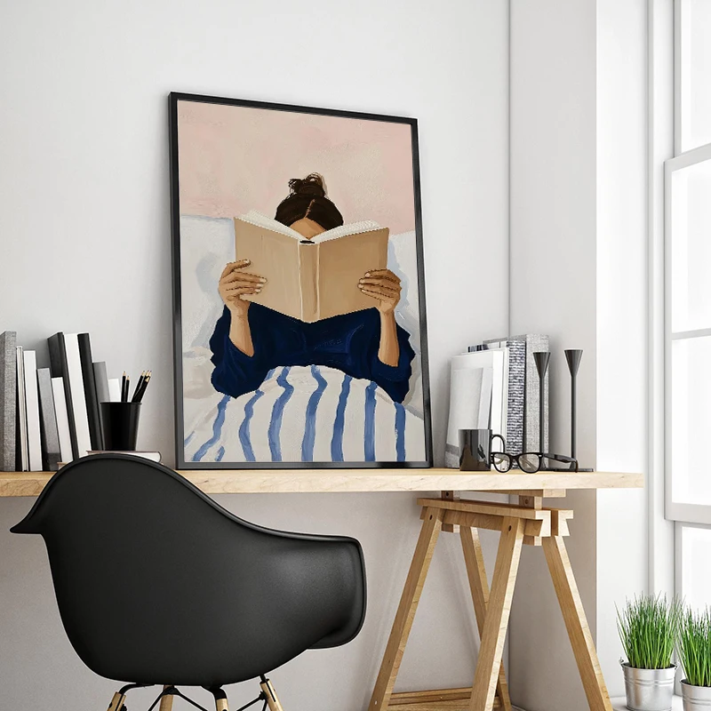 Cute Bunny Bear Cat Woman Reading Book Lover Poster Canvas Painting Print Wall Art for Kids  Nursery Decoration Cuadros thumbnail 2