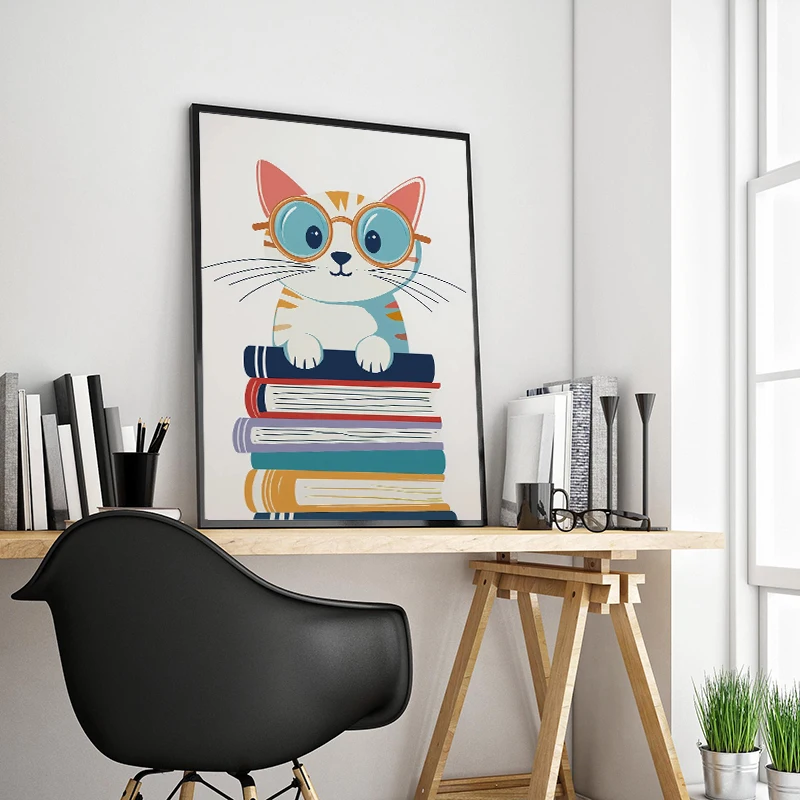 Cute Bunny Bear Cat Woman Reading Book Lover Poster Canvas Painting Print Wall Art for Kids  Nursery Decoration Cuadros thumbnail 4