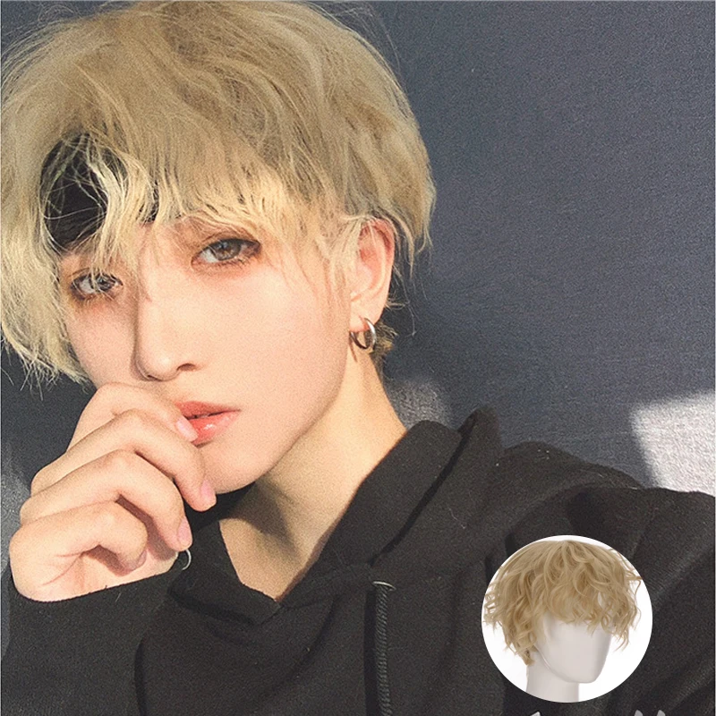LUPU Men's Curly Hair Short Anime Wig Cosplay Synthetic Headband Heat-Resistant Natural Fluffy Wig, Suitable for Halloween Wear thumbnail 2