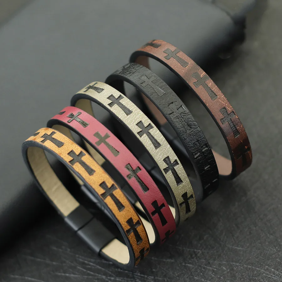 Fashion PU Leather Men Bracelet Apparel Accessories Magnetic Clasp Cross Wide Wrap Braslet Casual Camping Homme Jewelry Pulseira thumbnail 2