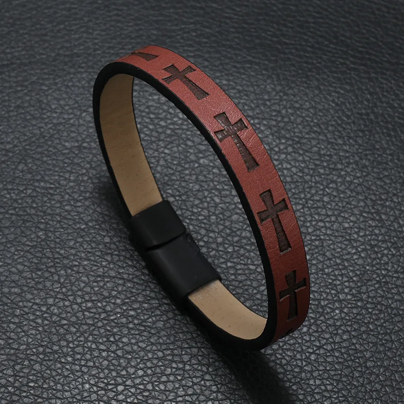 Fashion PU Leather Men Bracelet Apparel Accessories Magnetic Clasp Cross Wide Wrap Braslet Casual Camping Homme Jewelry Pulseira thumbnail 6