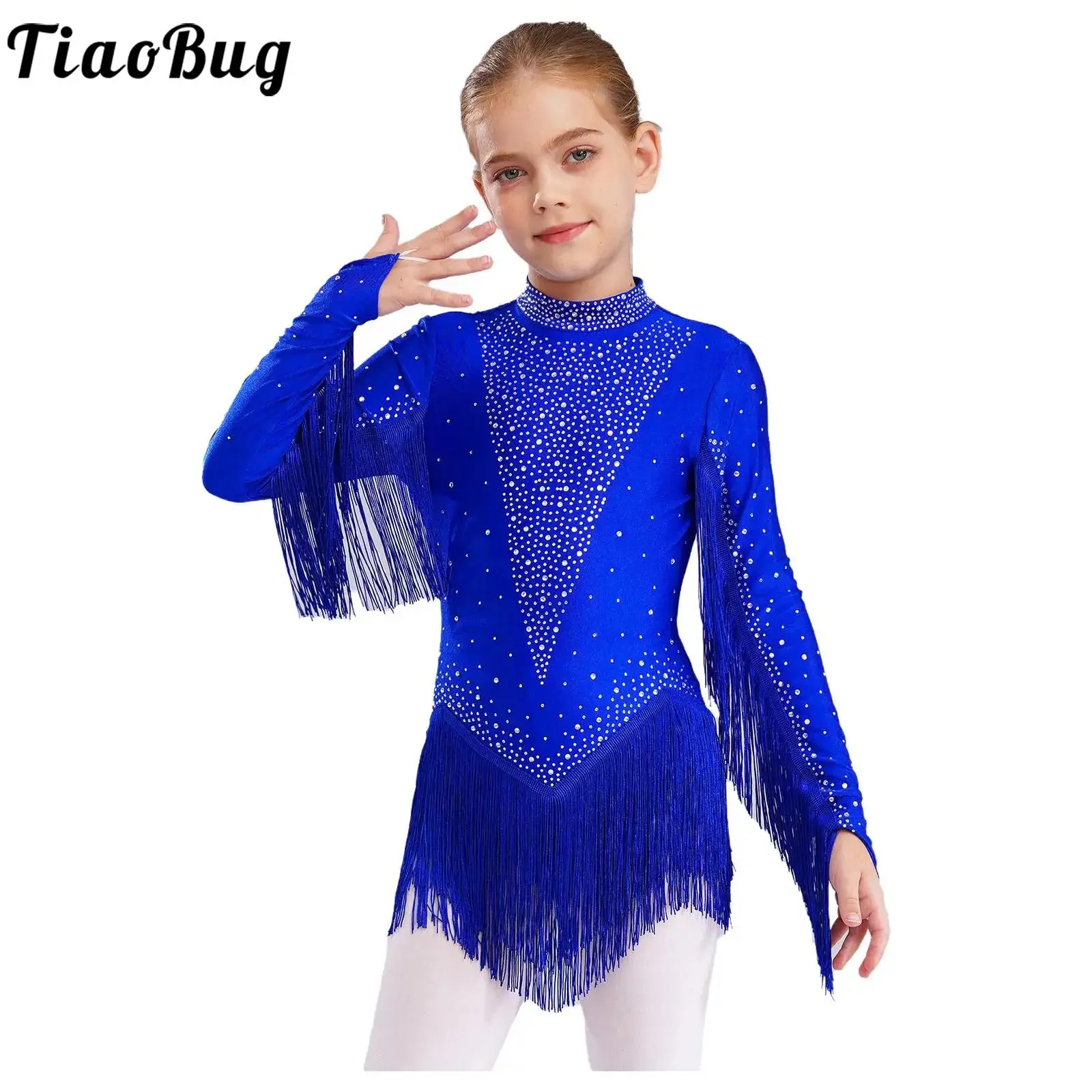 Girls Tassels Latin Dance Leotard Figure Skating Gymnastics Cha-Cha Performance Costume Long Sleeve Rhinestones Fringe Bodysuit
