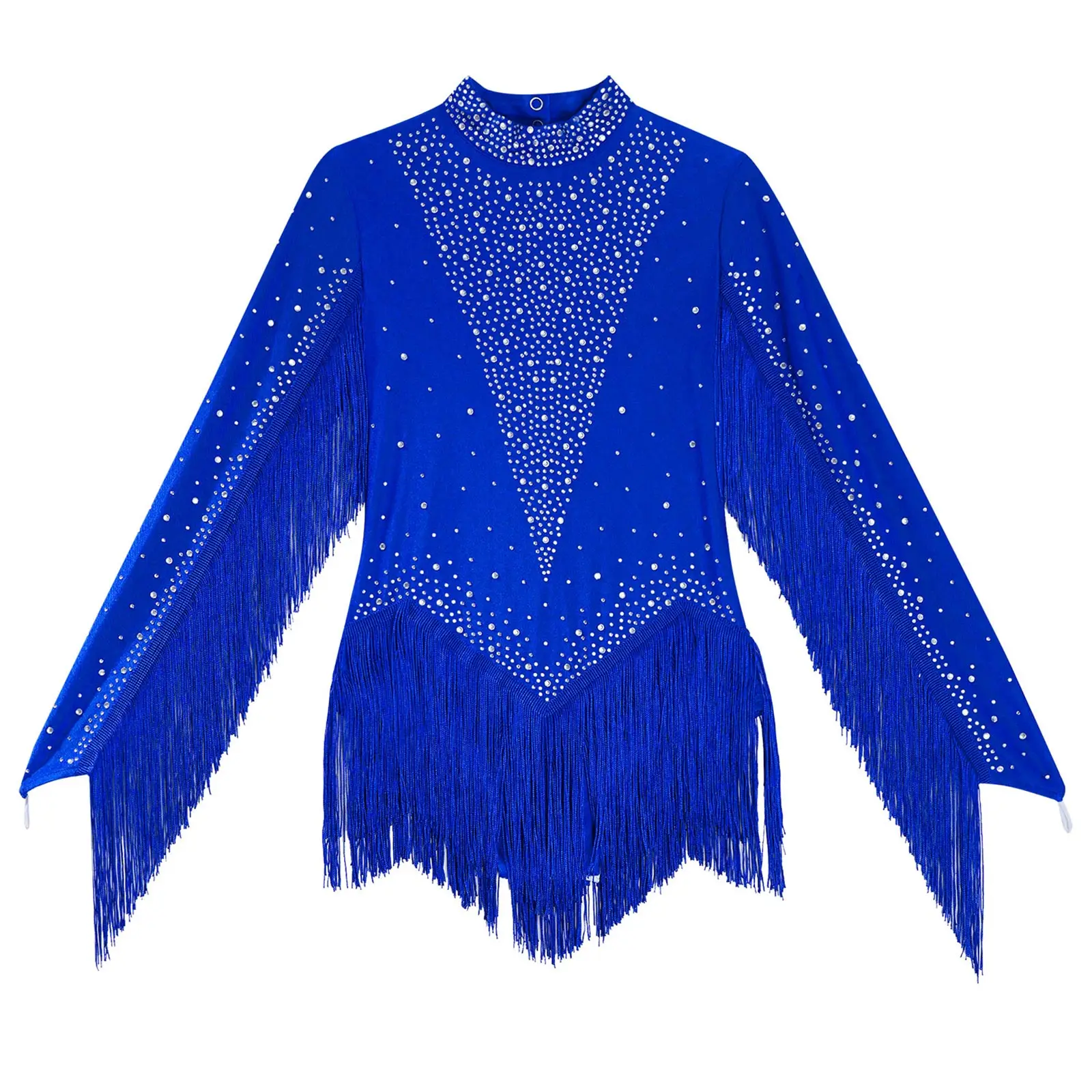 Girls Tassels Latin Dance Leotard Figure Skating Gymnastics Cha-Cha Performance Costume Long Sleeve Rhinestones Fringe Bodysuit thumbnail 4