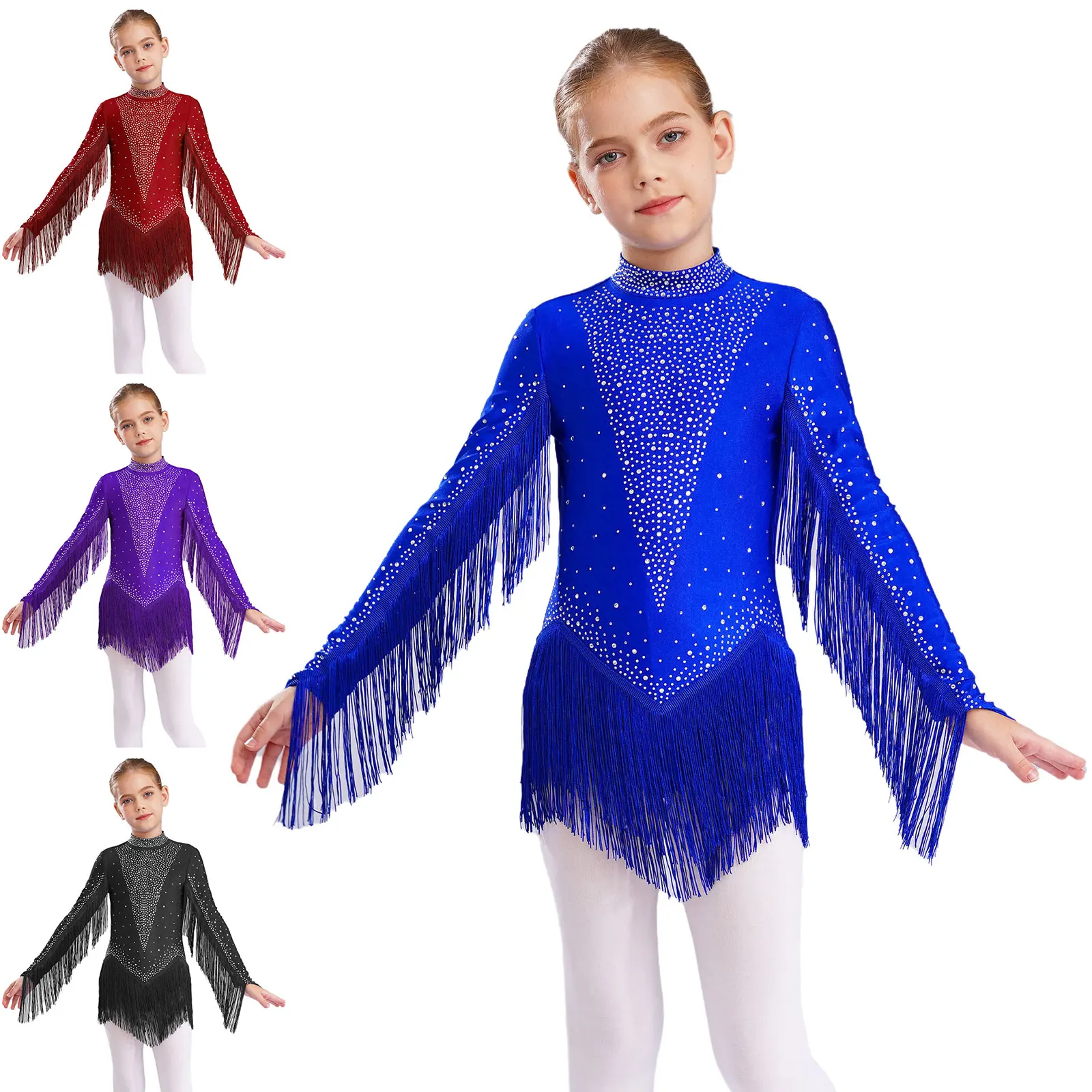 Girls Tassels Latin Dance Leotard Figure Skating Gymnastics Cha-Cha Performance Costume Long Sleeve Rhinestones Fringe Bodysuit thumbnail 2
