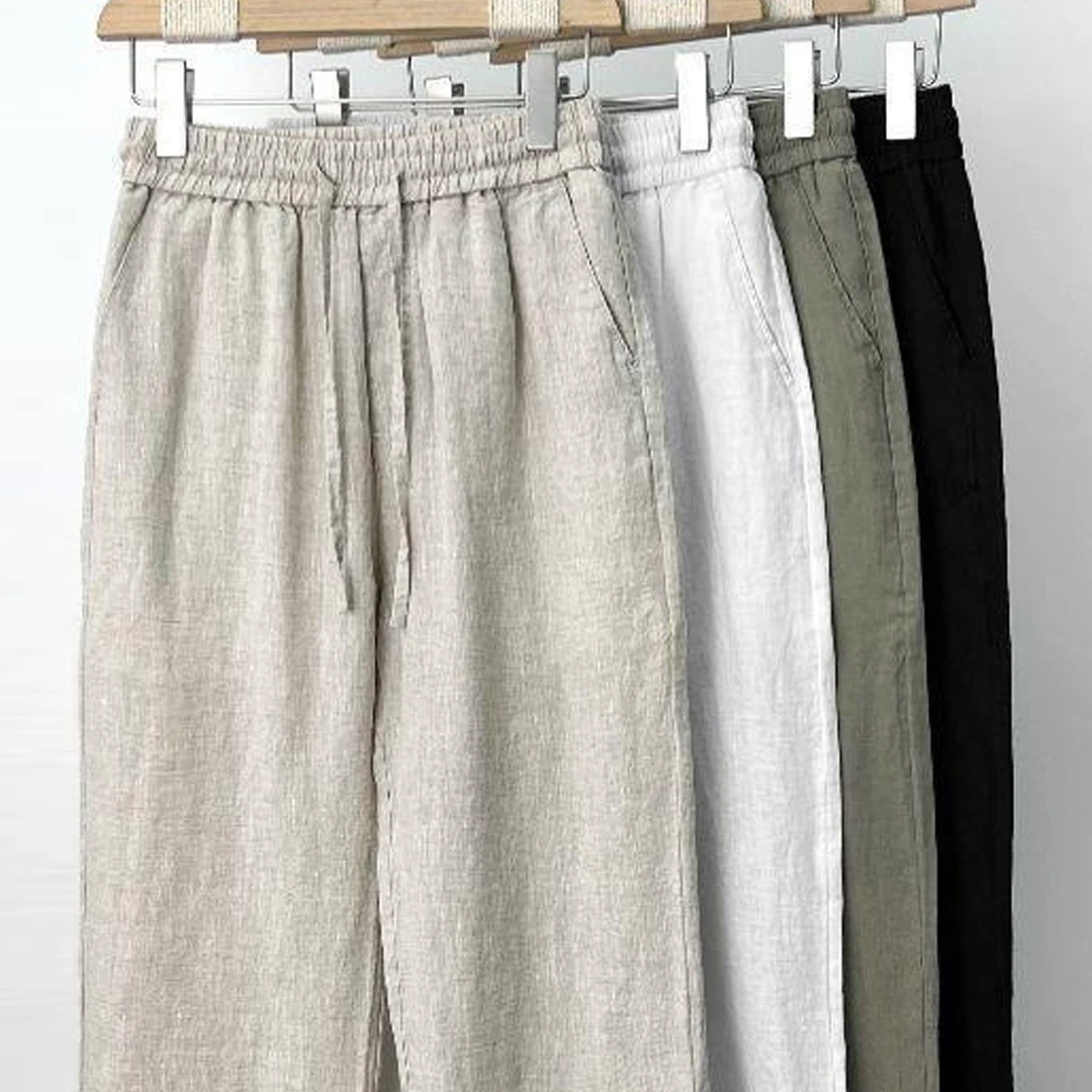 Men's Trousers Cotton Linen Fashion Casual Pants Solid Color Breathable Loose Shorts Straight Drawstring Pants Streetwear Men