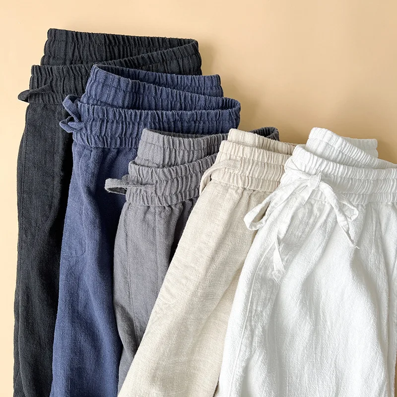 Men's Trousers Cotton Linen Fashion Casual Pants Solid Color Breathable Loose Shorts Straight Drawstring Pants Streetwear Men thumbnail 3