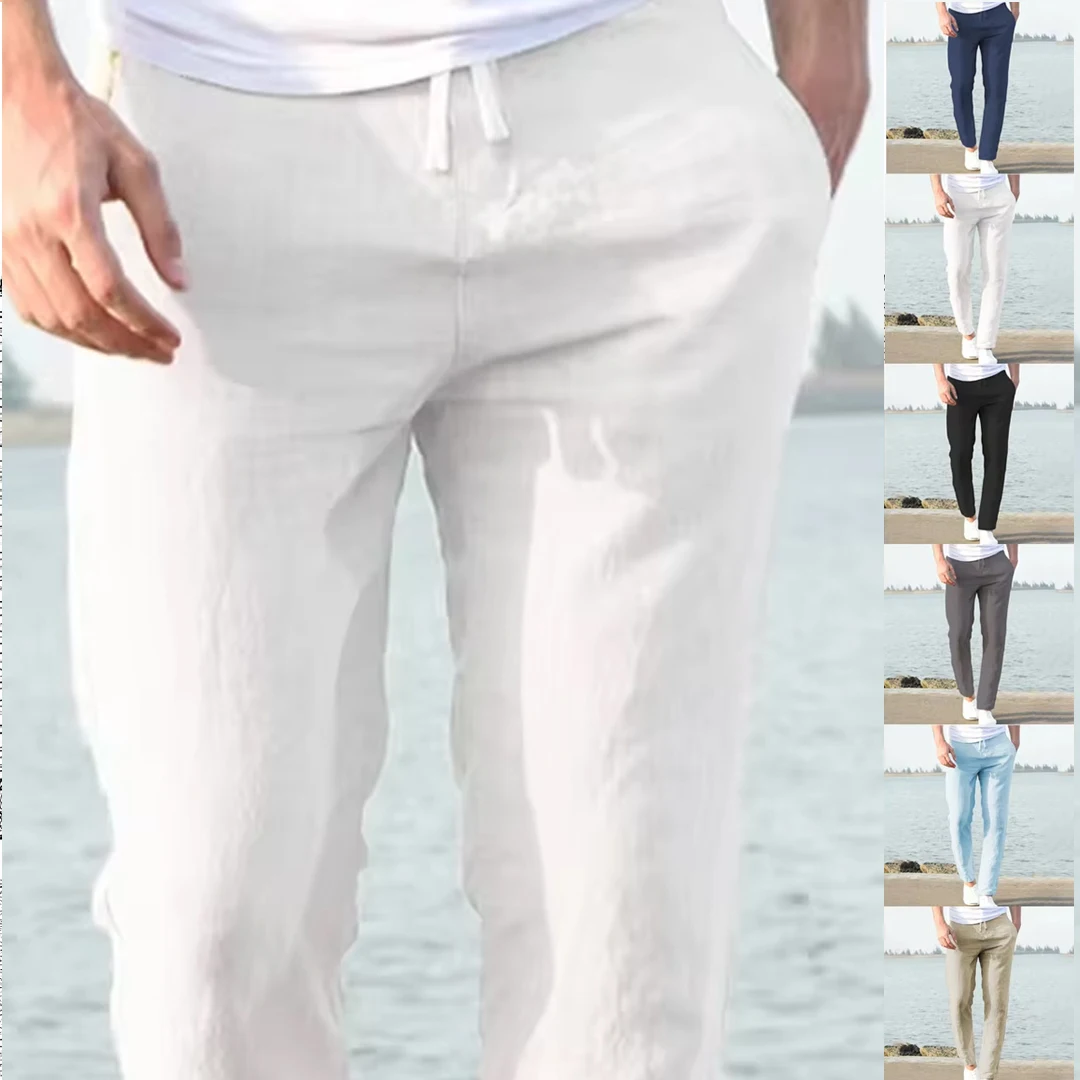 Men's Trousers Cotton Linen Fashion Casual Pants Solid Color Breathable Loose Shorts Straight Drawstring Pants Streetwear Men thumbnail 2