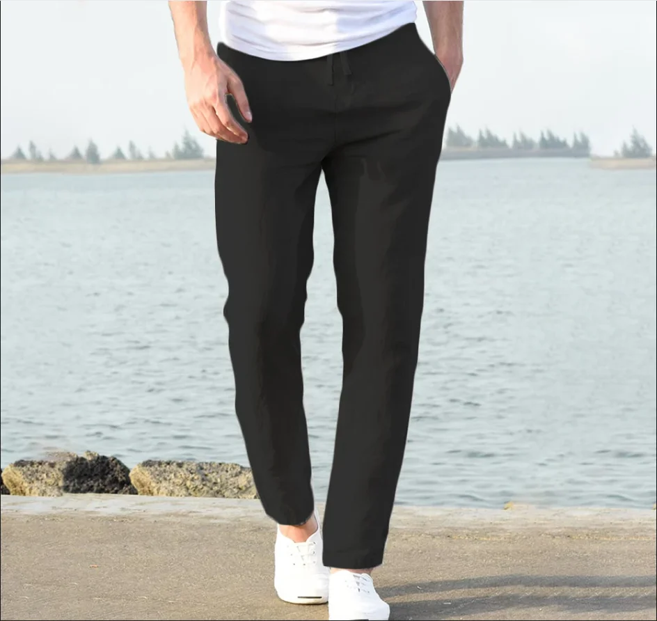 Men's Trousers Cotton Linen Fashion Casual Pants Solid Color Breathable Loose Shorts Straight Drawstring Pants Streetwear Men thumbnail 6