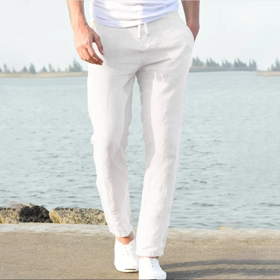 Men's Trousers Cotton Linen Fashion Casual Pants Solid Color Breathable Loose Shorts Straight Drawstring Pants Streetwear Men thumbnail 5