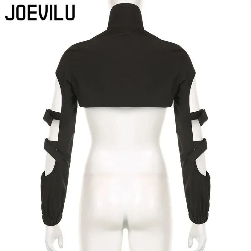JOEVILU Women's Cyberpunk Goth Harajuku Crop Tops Long Sleeve Hollow Out Zipper T Shirt Y2K Grunge Streetwear Jacket for Dancing thumbnail 5