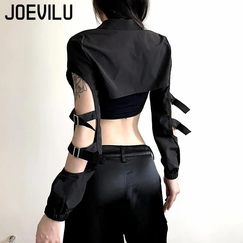 JOEVILU Women's Cyberpunk Goth Harajuku Crop Tops Long Sleeve Hollow Out Zipper T Shirt Y2K Grunge Streetwear Jacket for Dancing thumbnail 3