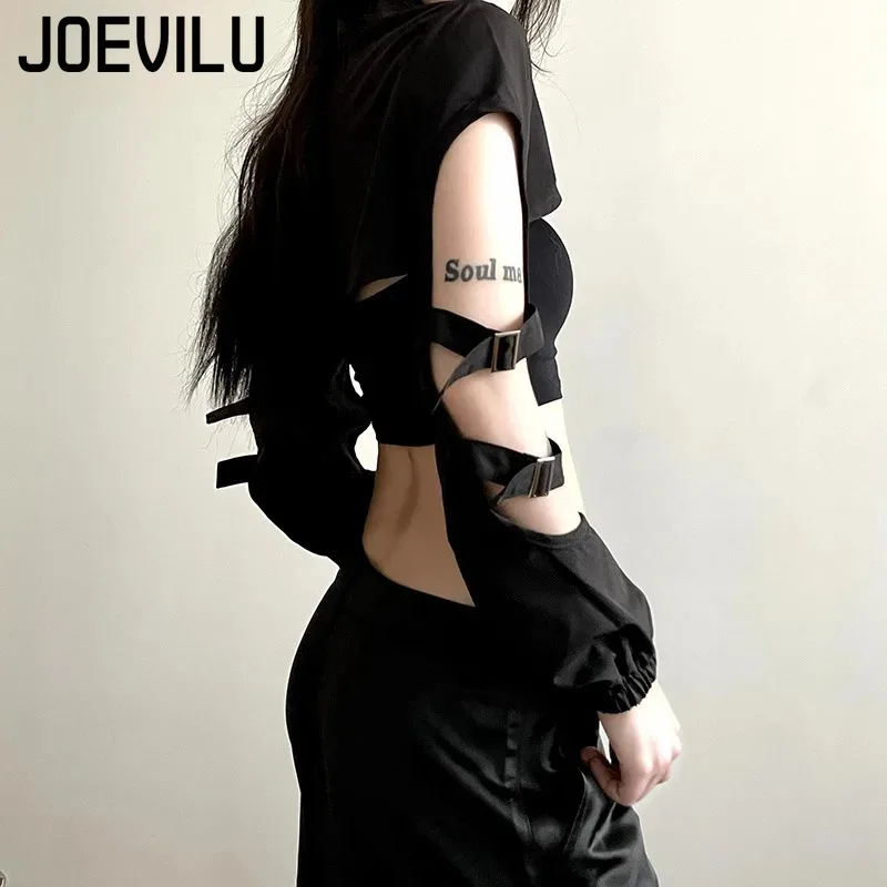 JOEVILU Women's Cyberpunk Goth Harajuku Crop Tops Long Sleeve Hollow Out Zipper T Shirt Y2K Grunge Streetwear Jacket for Dancing thumbnail 2