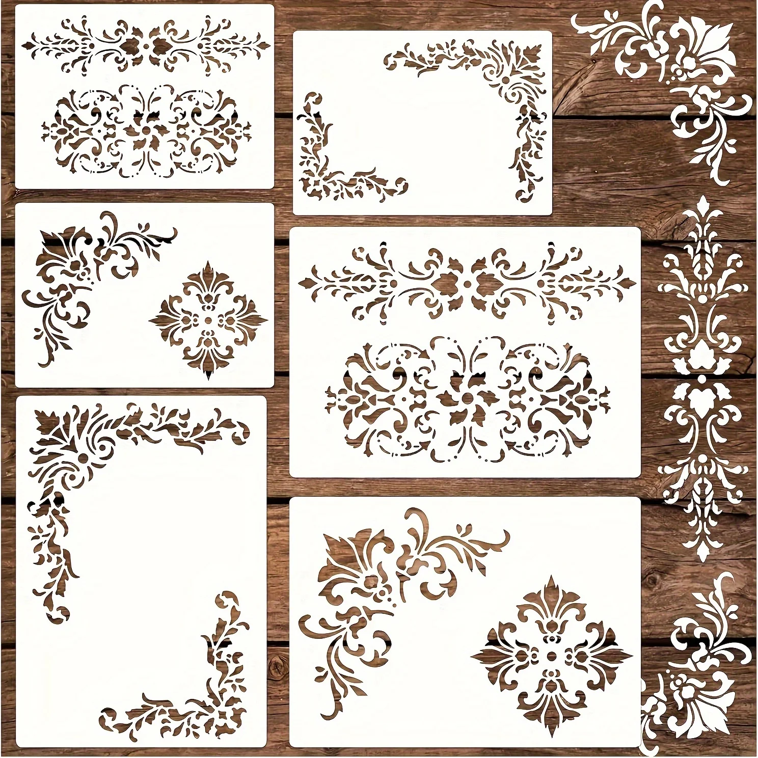 6Pcs Corner Stencils for Painting, Vintage Damask Border Stencil Template Reusable Corners Damask Furniture Stencils for Wood Ca