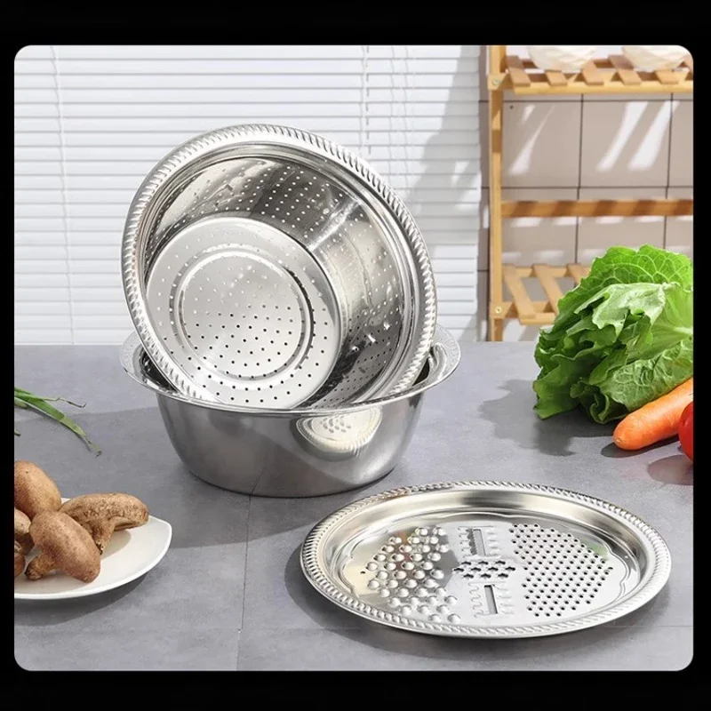 3-Piece Stainless Steel Kitchen Set - Multifunctional Slicing Basin with Draining Basket, Vegetable Washer & Rice Strainer Bowl