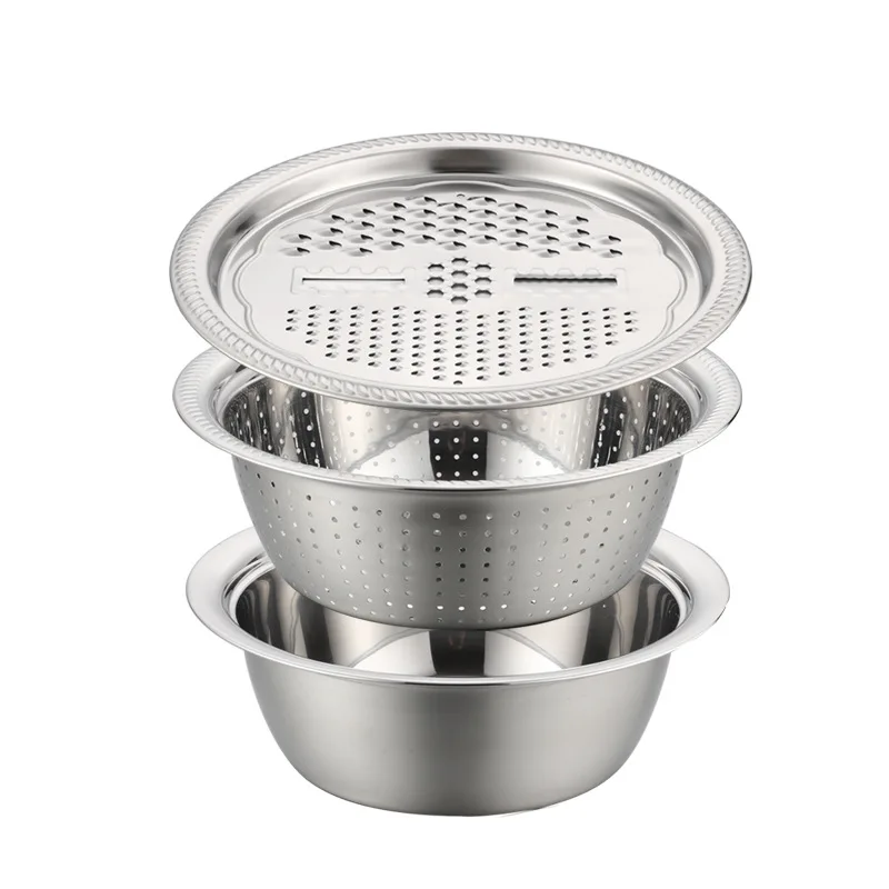 3-Piece Stainless Steel Kitchen Set - Multifunctional Slicing Basin with Draining Basket, Vegetable Washer & Rice Strainer Bowl thumbnail 5