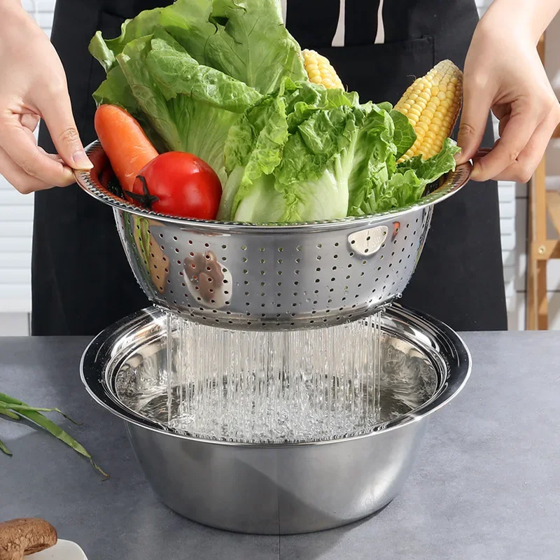 3-Piece Stainless Steel Kitchen Set - Multifunctional Slicing Basin with Draining Basket, Vegetable Washer & Rice Strainer Bowl thumbnail 3