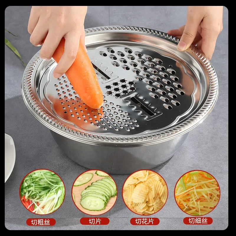 3-Piece Stainless Steel Kitchen Set - Multifunctional Slicing Basin with Draining Basket, Vegetable Washer & Rice Strainer Bowl thumbnail 4