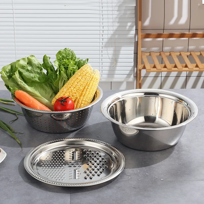 3-Piece Stainless Steel Kitchen Set - Multifunctional Slicing Basin with Draining Basket, Vegetable Washer & Rice Strainer Bowl thumbnail 2