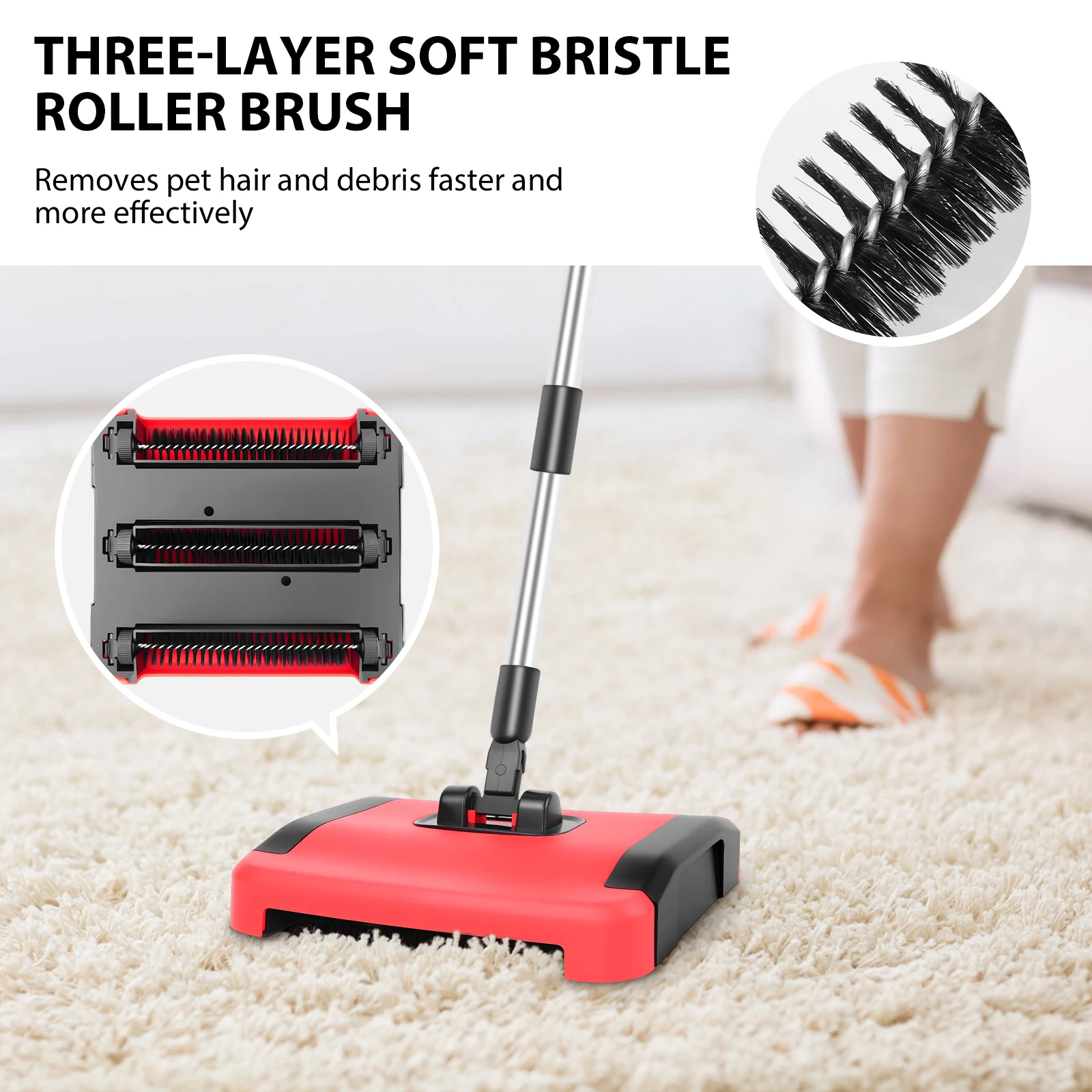 Manual Carpet Cleaner Carpet Sweeper with Detachable Cleaning Comb for Efficient Cleaning for Carpets, Rugs, and Indoor Floors thumbnail 3