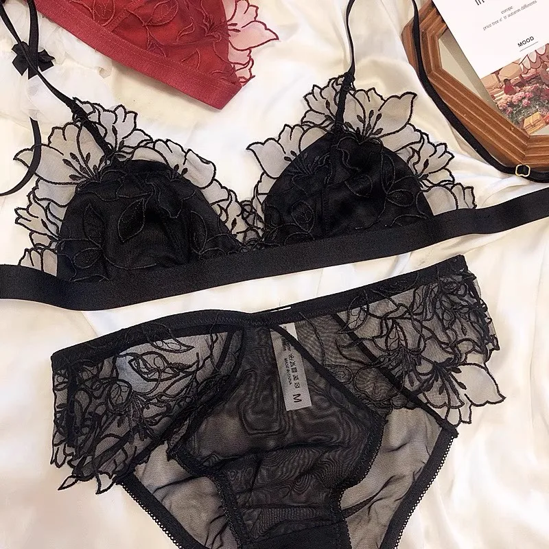 Sexy French Lace Bralette & Underwear Set, Lightweight Wireless Triangle Cup Bra for Women, Pure Elegant Small Boobs S-XL MOYISU thumbnail 2