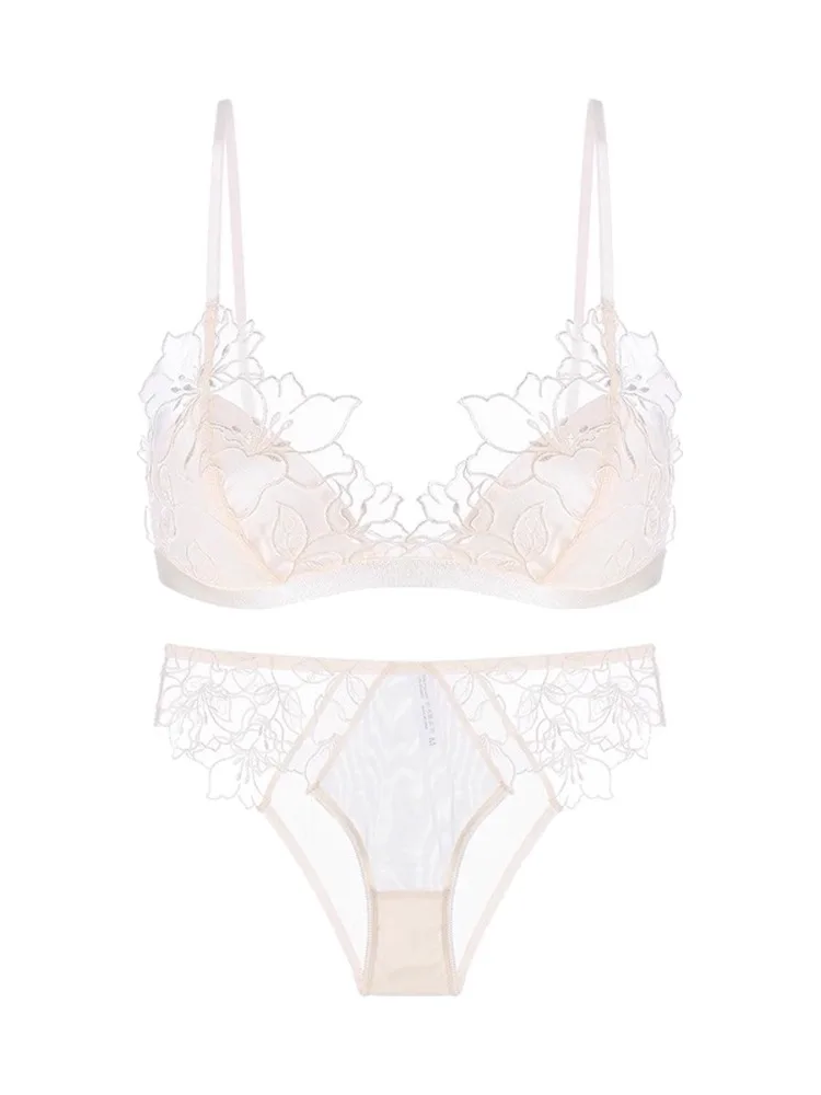 Sexy French Lace Bralette & Underwear Set, Lightweight Wireless Triangle Cup Bra for Women, Pure Elegant Small Boobs S-XL MOYISU thumbnail 5