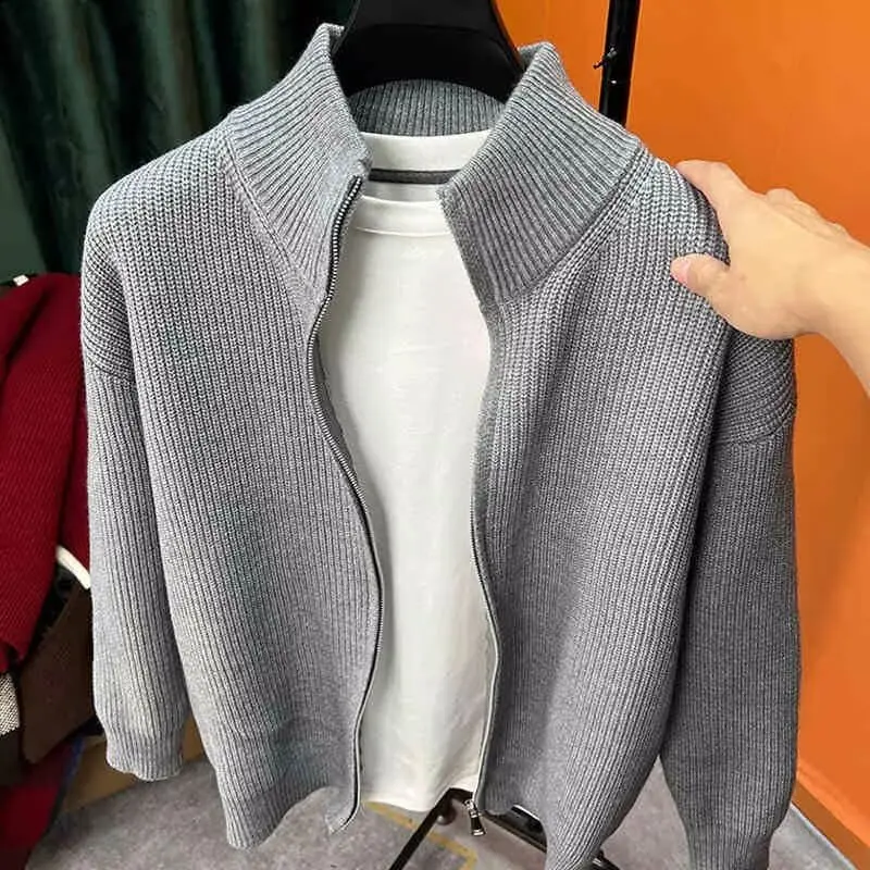 Slim Fit Zipper Long Sleeve Knitted Sweater for Men Stand Collar Autumn Winter Fashion Brand Pure Color Versatile Knitwear