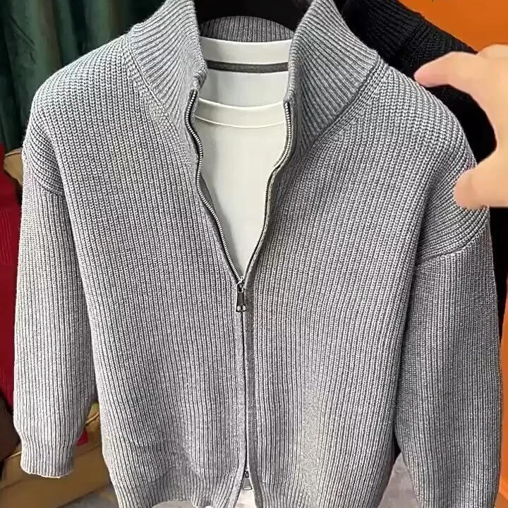 Slim Fit Zipper Long Sleeve Knitted Sweater for Men Stand Collar Autumn Winter Fashion Brand Pure Color Versatile Knitwear thumbnail 3