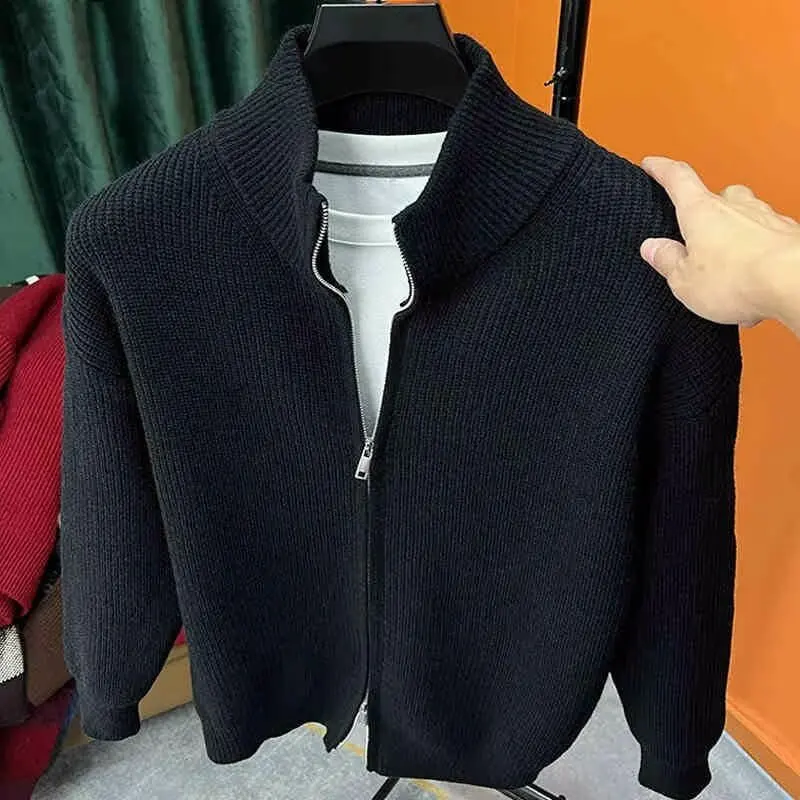 Slim Fit Zipper Long Sleeve Knitted Sweater for Men Stand Collar Autumn Winter Fashion Brand Pure Color Versatile Knitwear thumbnail 2