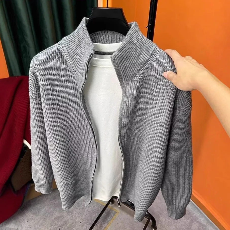 Slim Fit Zipper Long Sleeve Knitted Sweater for Men Stand Collar Autumn Winter Fashion Brand Pure Color Versatile Knitwear thumbnail 4