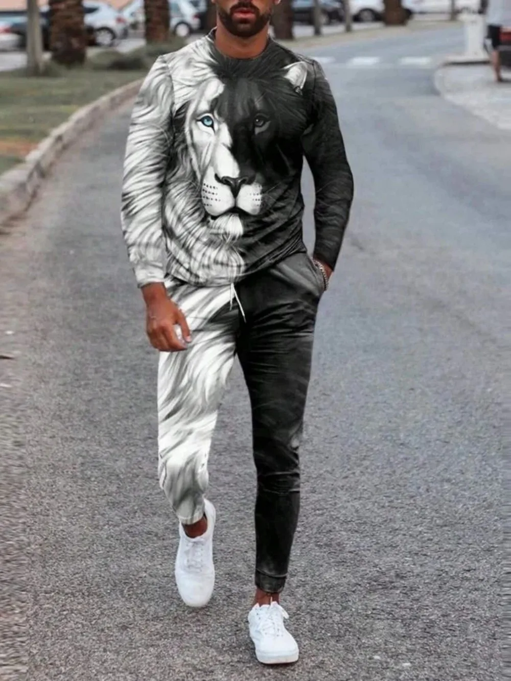 Fashionable summer men's personalized lion print breathable round neck long sleeved pants set outdoor high street clothing thumbnail 3