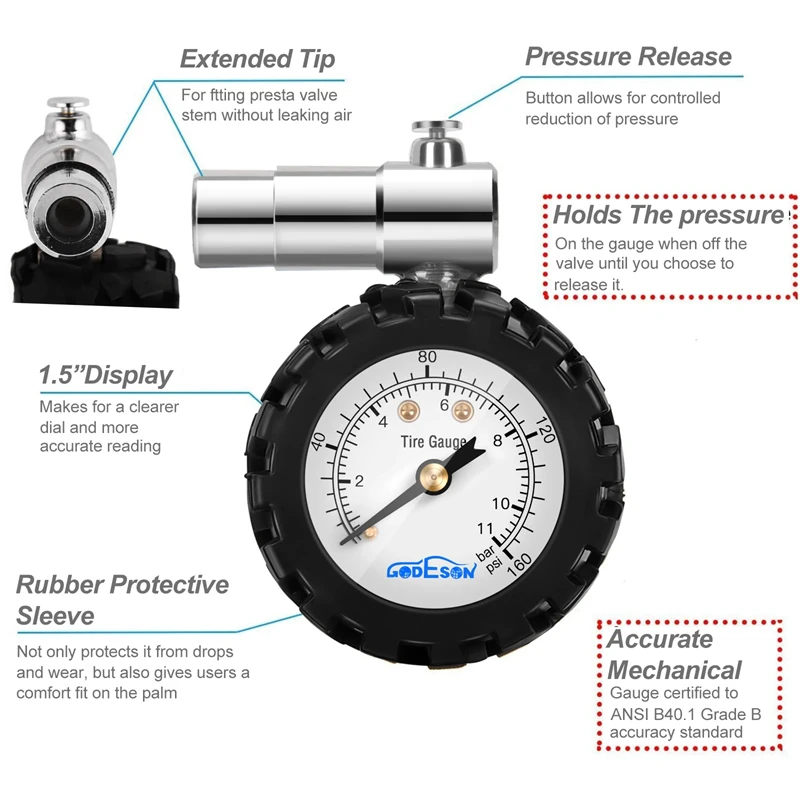 Bicycle Tire Pressure Gauge 160PSI Mechanical Pointer Tire Pressure Gauge For Mountain Racing Bikes Mtb Bike Road Bike Tools thumbnail 3