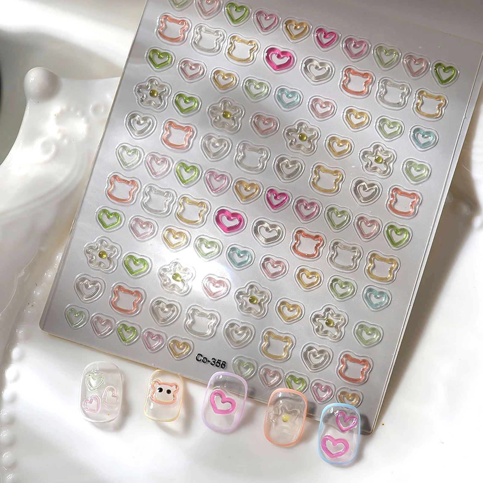 3D Embossed Nail Stickers - Cute Hollow Bear Heart Flower Decals Self-Adhesive Nail Art Sticker for Women Girls DIY Manicure thumbnail 2