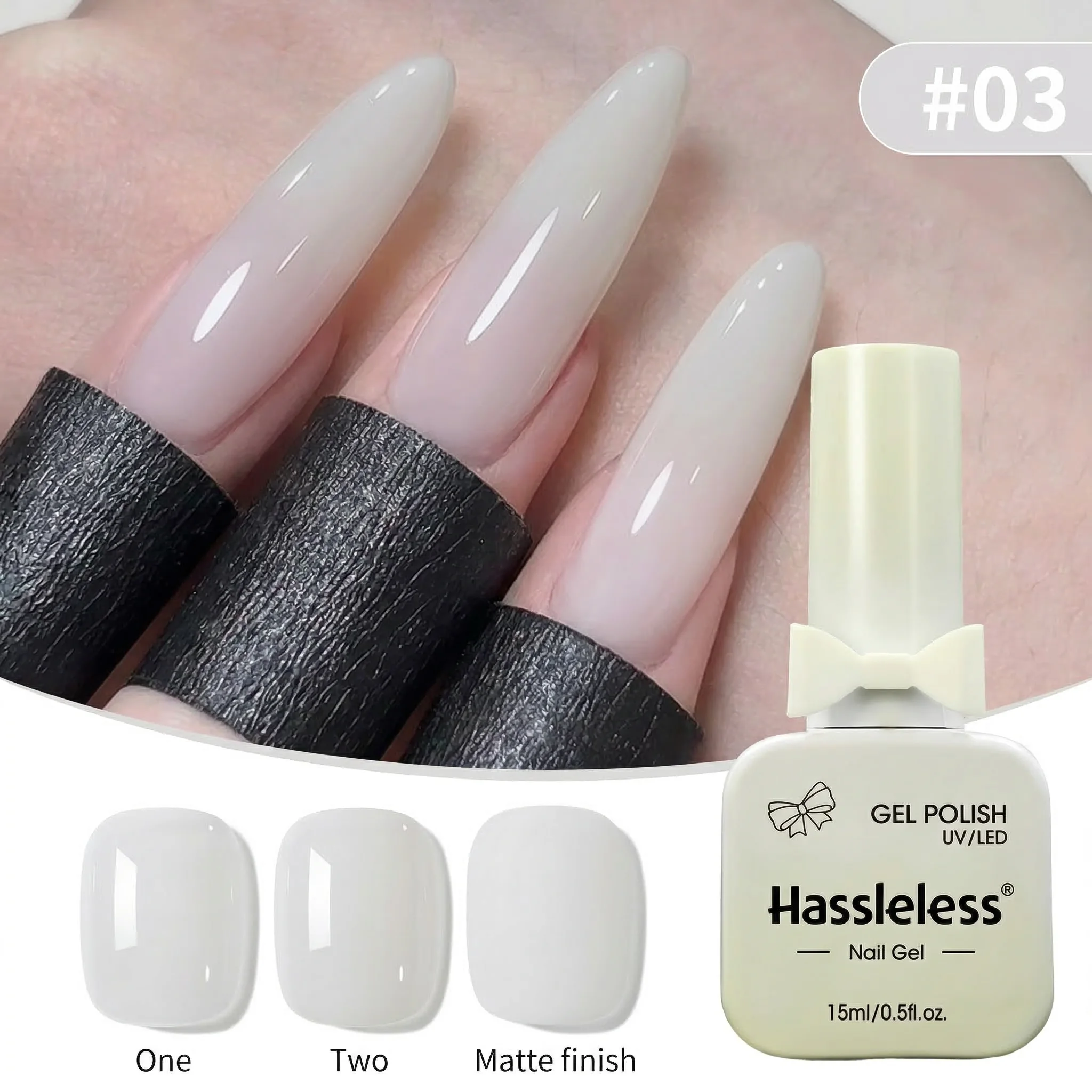 One 15ml bottle of clear, milky-white nail polish gel, long-lasting, semi-permanent, glass bottle, removes UV/LED nail polish.