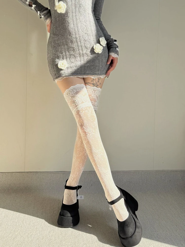 Women Fishnets Stockings Sexy Lace Fishnet Floral Knee High Socks Breathable Hollow-out JK Mesh Lolita Retro Thigh Highs Socks thumbnail 2