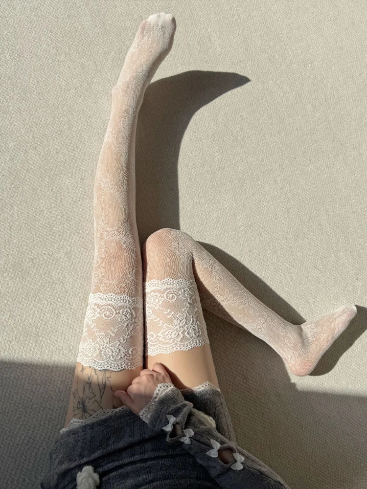 Women Fishnets Stockings Sexy Lace Fishnet Floral Knee High Socks Breathable Hollow-out JK Mesh Lolita Retro Thigh Highs Socks thumbnail 4