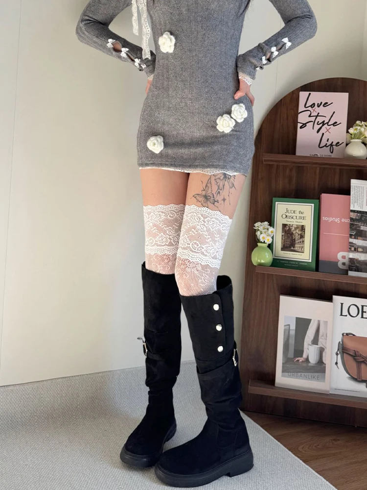 Women Fishnets Stockings Sexy Lace Fishnet Floral Knee High Socks Breathable Hollow-out JK Mesh Lolita Retro Thigh Highs Socks thumbnail 3