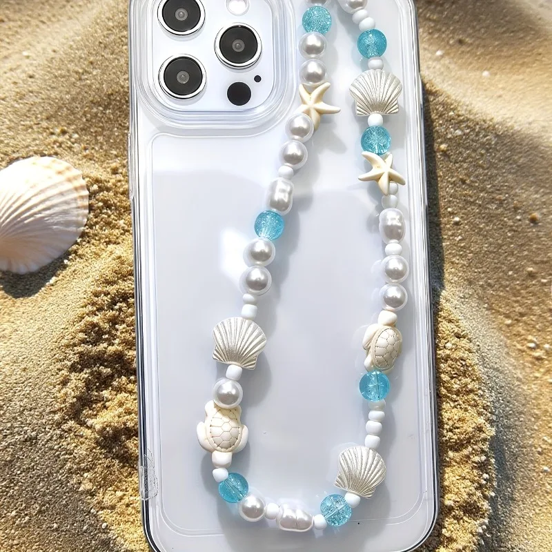 Blue Sea Star Shell Beaded Phone Chain For Phone Case Charm Strap Wrist Trendy Pendant For iPhone Samsung Universal Accessories thumbnail 3