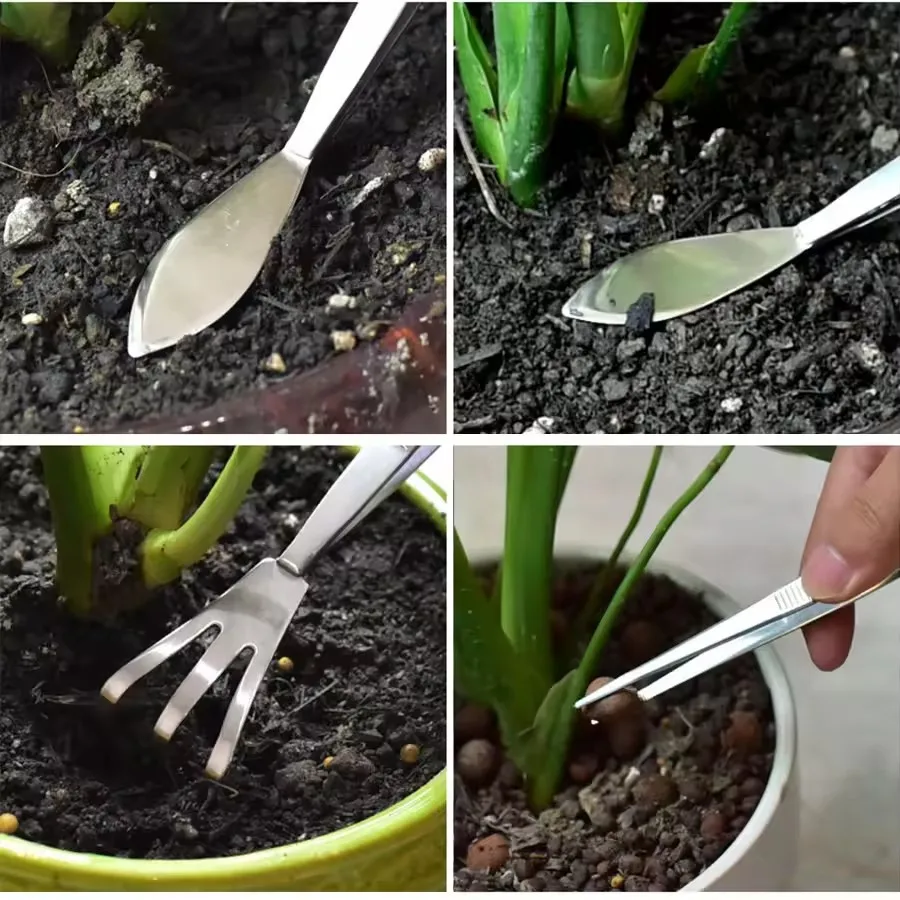 2-in-1  304 Stainless Steel Root Rake with Bonsai Tweezers with Ergonomical Handle Soil Farming Tool for Succulents Crafting thumbnail 4