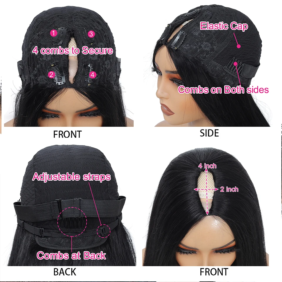 Kinky Straight U Part Wig Upgrade Glueless Wig Yaki Straight Ready To Wear Remy Human Hair Wigs V Part Wig No Lace Wig For Women thumbnail 6