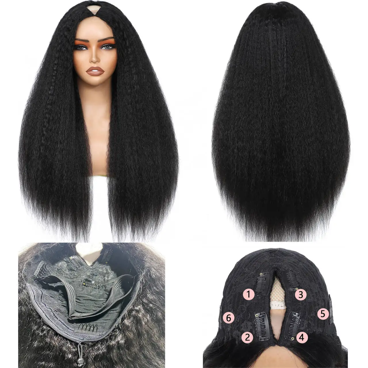Kinky Straight U Part Wig Upgrade Glueless Wig Yaki Straight Ready To Wear Remy Human Hair Wigs V Part Wig No Lace Wig For Women thumbnail 3