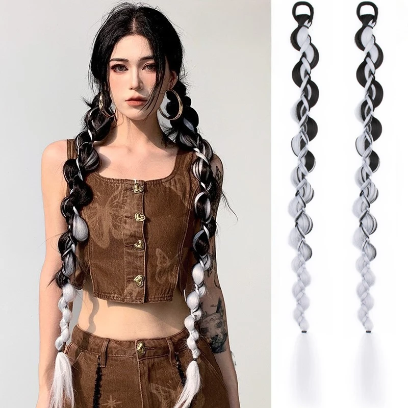 Synthetic Braiding Long Hair Extensions Twisted Ponytail Extension with Rubber Bands Y2K Fishtail Braided Hair Dirty Braid Wig