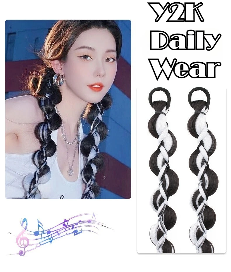 Synthetic Braiding Long Hair Extensions Twisted Ponytail Extension with Rubber Bands Y2K Fishtail Braided Hair Dirty Braid Wig thumbnail 4