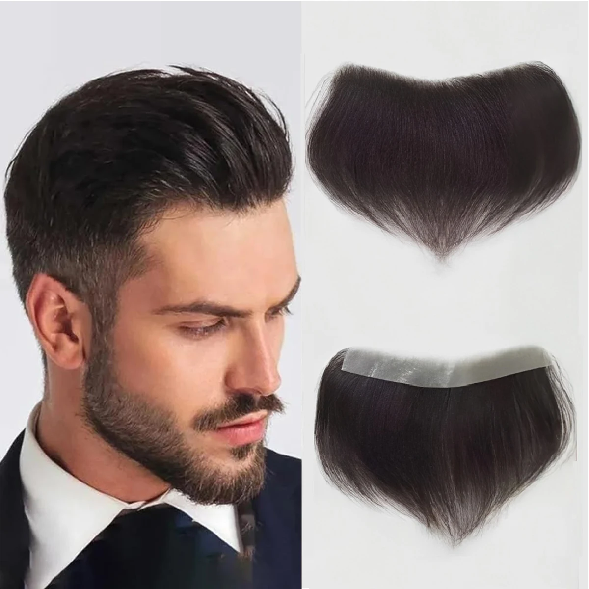 PU Frontal Hairpiece for Men Dark Brown Human Hair Extension for Hairline Loss 2*16 cm Thin Poly Skin Toppers Replacement Toupee