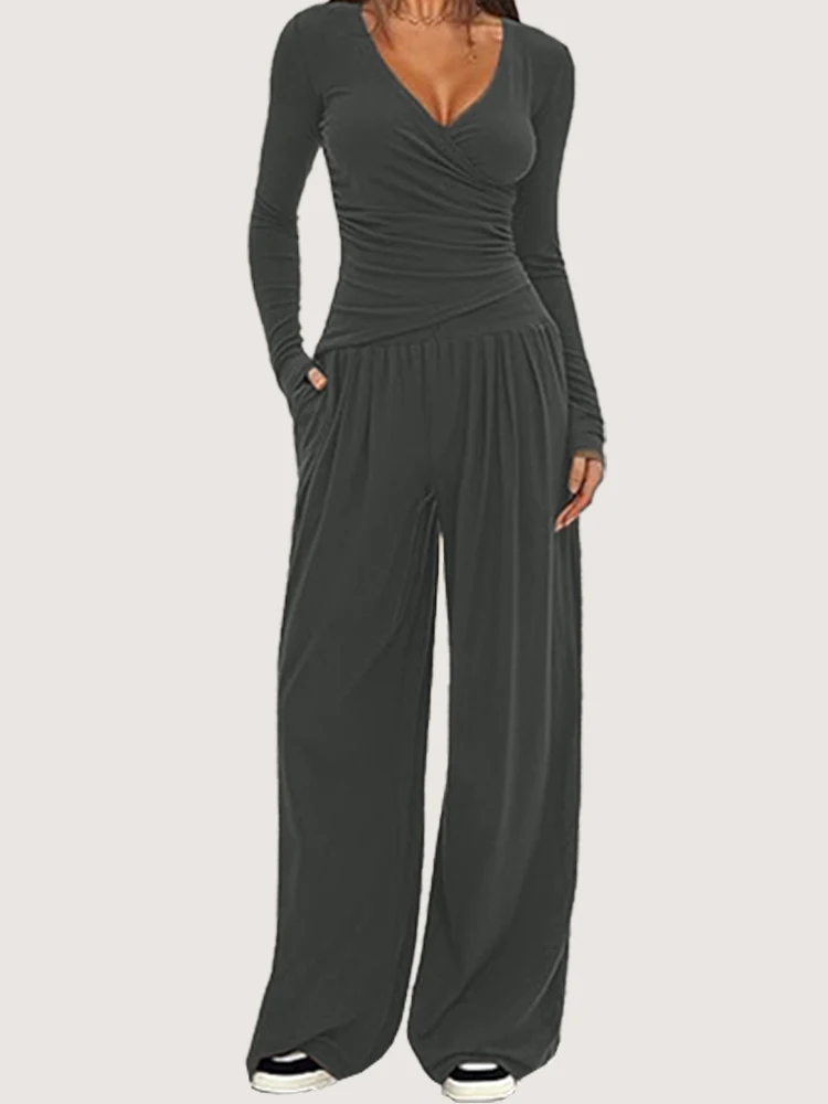 2025 autumn and winter wide leg pants set, women's long sleeved multi occasion sportswear, commuting hot selling item thumbnail 3