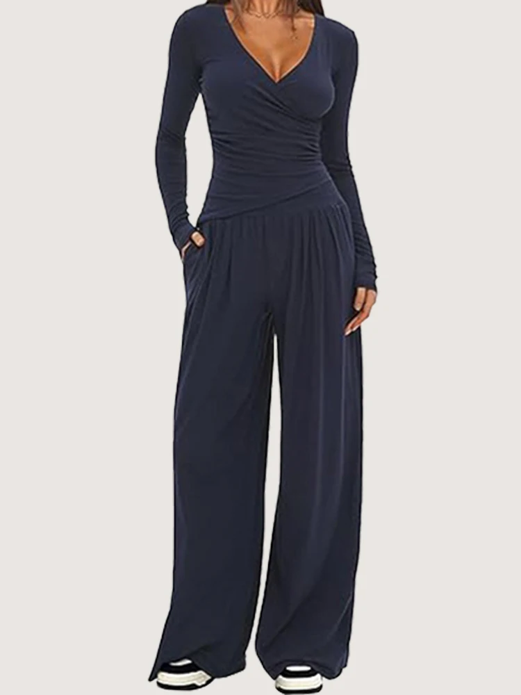 2025 autumn and winter wide leg pants set, women's long sleeved multi occasion sportswear, commuting hot selling item thumbnail 5