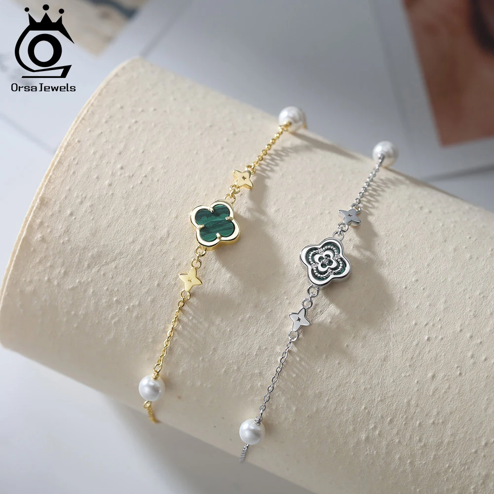 ORSA JEWELS Lucky Clover Anklet with Malachite Shell Foot Chain Handmade on the Leg Bracelet for Women 925 Silver Jewelry GMA05