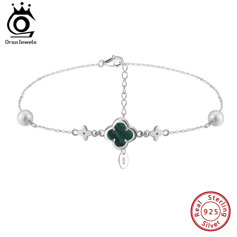 ORSA JEWELS Lucky Clover Anklet with Malachite Shell Foot Chain Handmade on the Leg Bracelet for Women 925 Silver Jewelry GMA05 thumbnail 2
